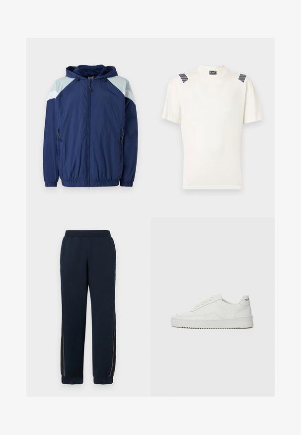 Chaqueta cortavientos de color navy con acentos en azul claro, puños elásticos, capucha ajustable y bolsillos con cremallera; presenta un material texturizado y ligero.; Camiseta blanca de algodón con mangas cortas, que presenta acentos de rayas negras en los hombros y un sutil logotipo de la marca en el centro.; Pantalones de chándal azul marino con una textura suave, puños ajustados y paneles laterales de malla. Cintura elástica para mayor comodidad y un ajuste casual.; Zapatilla de cuero blanca con un acabado suave, puntera redonda, cordones planos y suela texturizada. Cuenta con un sutil logo en el talón.