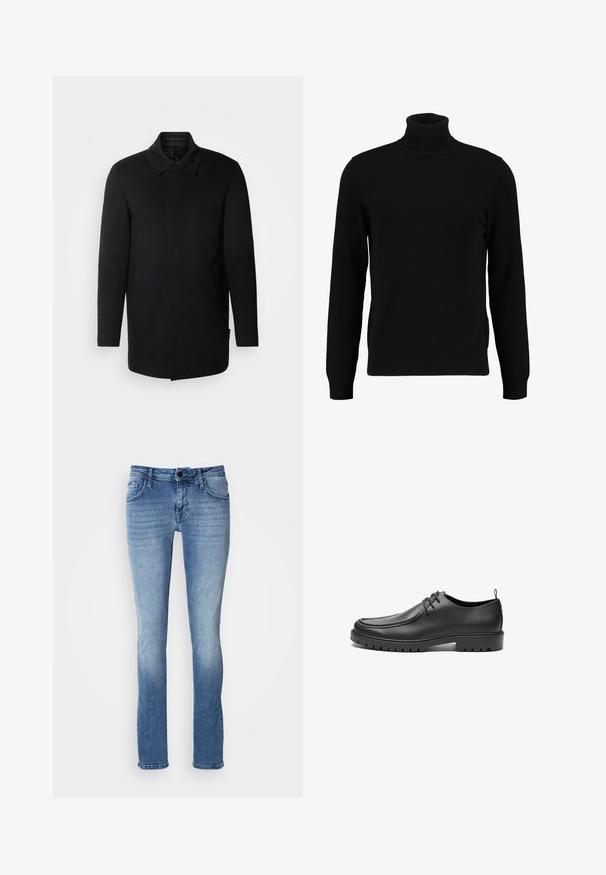INDICODE JEANS Kurzmantel - black; Schwarzer Rollkragenpullover aus weichem Strickmaterial. Mit langen Ärmeln, geripptem Kragen und Saum. Schlichtes, elegantes Design ohne Muster.; Helle blaue Denim-Jeans mit einem klassischen Fünf-Taschen-Design, geradem Bein und subtilen Ausbleichungen. Hergestellt aus weichem, strapazierfähigem Stoff.; Schwarze Lederschuhe mit glatter Oberfläche, runder Zehenform und dekorativer Naht. Mit einer Gummisohle mit Traktionsrillen und Schnürdesign.
