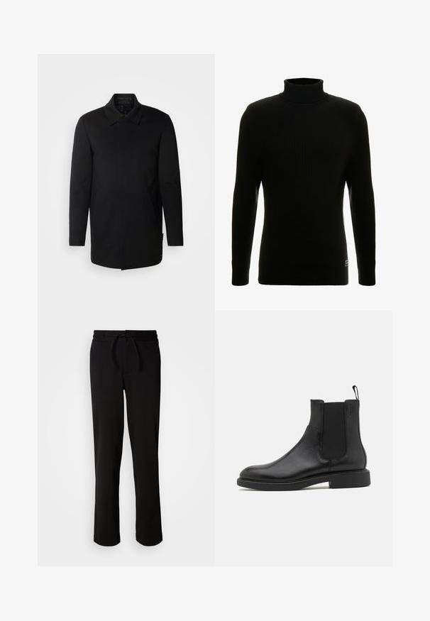 INDICODE JEANS Kurzmantel - black; Schwarzer Rollkragenpullover mit langen Ärmeln, gerippter Textur, figurbetonter Silhouette und kleinem Markenschild unten links.; Schwarze Jogginghosen mit einem Kordelzugbund, hergestellt aus weichem, elastischem Material. Sie haben einen lockeren Schnitt mit geraden Beinen und keine sichtbaren Taschen.; Schwarze Leder-Ankle-Boots mit glatter Textur, elastischen Seitenpaneelen und einer Zuglasche. Runde Zehenpartie und flache Gummisohle mit minimalem Profil.