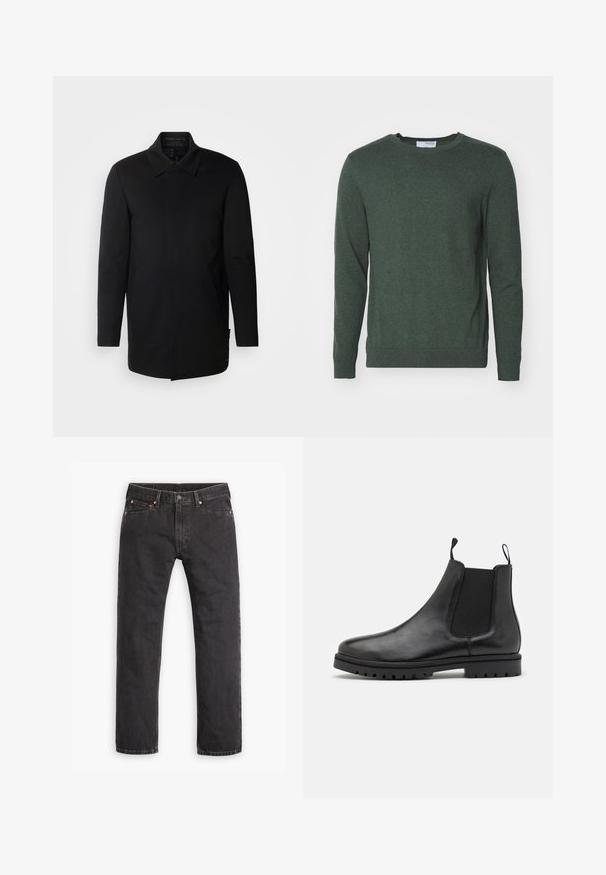 INDICODE JEANS Krátky kabát - black; Zelený sveter s okrúhlym výstrihom vyrobený z textúrovanej pleteniny. Má dlhé rukávy a rebrované manžety a lemy pre priliehavý vzhľad.; Čierne džíny s rovnými nohavicami, s piatimi vreckami, zapínaním na gombík a medenými nitmi, položené na bielom pozadí.; Čierne kožené Chelsea topánky s elastickými bočnými panelmi, ťahacími pútkami a textúrovanou gumovou podrážkou so vzorom gripu.