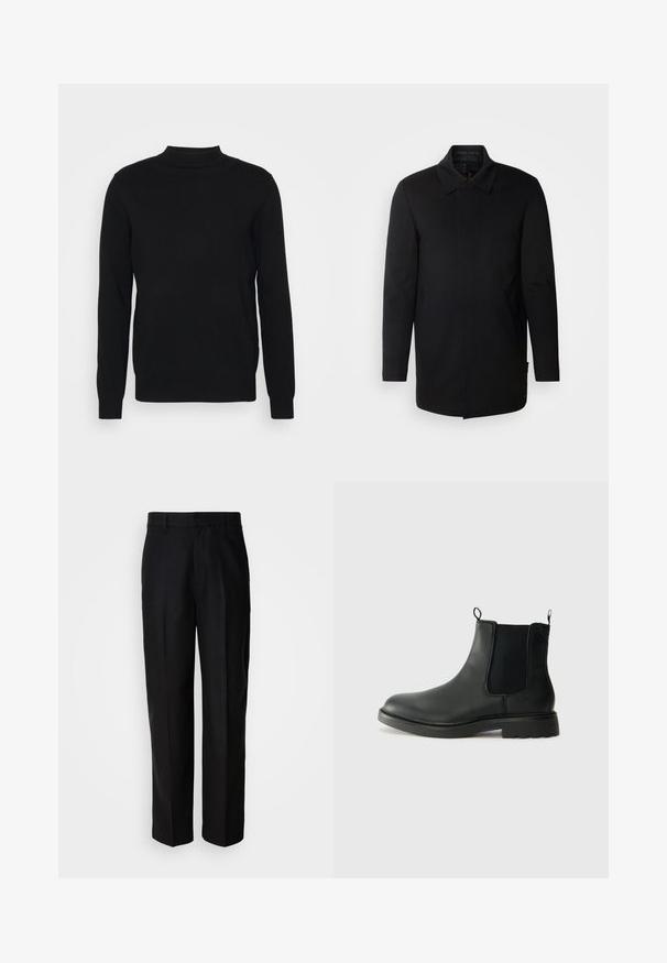 INDICODE JEANS Manteau court - black; Pull en noir en tissu doux, avec un col haut et des manches longues. Design simple, sans motifs ni embellissements.; Pantalon noir en tissu lisse, avec une coupe droite, une taille plate et des passants de ceinture, présenté sur un fond uni.; Bottines Chelsea en cuir noir avec des panneaux élastiques sur les côtés, des languettes de tirage, un bout arrondi et une semelle en caoutchouc texturée. Surface lisse et design robuste.