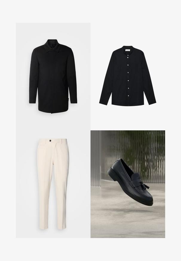 INDICODE JEANS Short coat - black; Black long-sleeve shirt made of cotton with a rounded collar, front button closure, single chest pocket, and cuffs at sleeves.; Beige tailored trousers with a flat front, single button closure, and two angled side pockets. Smooth fabric with a slim fit and tapered leg.; Black leather loafers featuring a smooth texture, a rounded toe, and decorative tassels on the front. Flexible rubber sole with low heel.