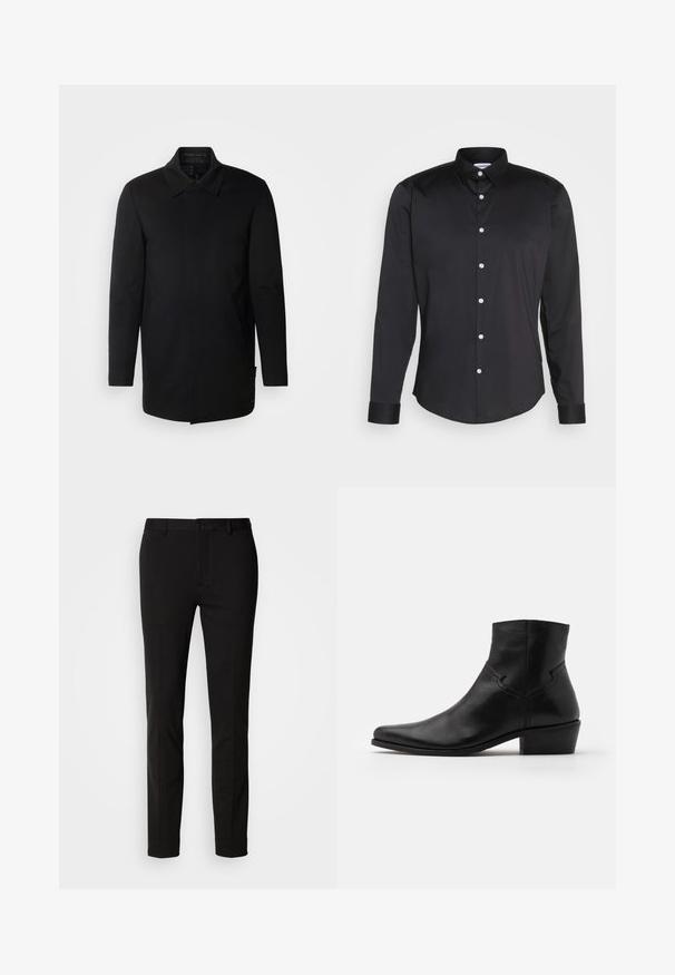 INDICODE JEANS Halflange jas - black; Zwarte lang-sleeve shirt van gladde stof, met een puntige kraag, sluiting met knopen aan de voorkant met witte knopen, en manchetten met één knoop.; Zwarte broeken met een slim fit, voorzien van een knoopsluiting en riemlussen. Gemaakt van gladde stof met een lichte glans, zonder zichtbare patronen.; Zwarte leren enkellaars met een spitse neus, minimale stiksels, een middellange blokhak en een gladde, gepolijste afwerking.