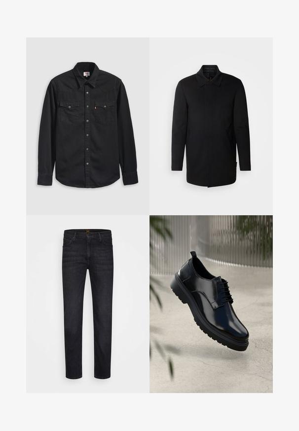 INDICODE JEANS Manteau court - black; Chemise en denim noir avec col boutonné, deux poches poitrine et un col pointu avec des détails de couture visibles.; Jeans noirs à jambe droite avec poches avant et passants de ceinture, présentés sur un fond blanc uniforme.; Chaussure en cuir noir avec une finition brillante, bout rond, design à lacets, surpiqûres contrastantes, et semelle épaisse en caoutchouc avec motifs de relief.