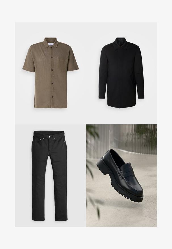 INDICODE JEANS Lühike jakk - black; Lühikeste varrukatega oliivroheline särk, mis on valmistatud võrkkangast. Sellel on nööpidega esitasku ja lõõgastav istuvus.; Mustadest denimist püksid sirge jala lõikega, millel on lukuga lend, viis taskut ja metallist nööbid. Sile tekstuur.; Mustad nahkseid loafereid paksu tallaga, kaunistatud rihma ja õmbluse detailidega. Siledat tekstuuri kaunistab läikiv viimistlus.