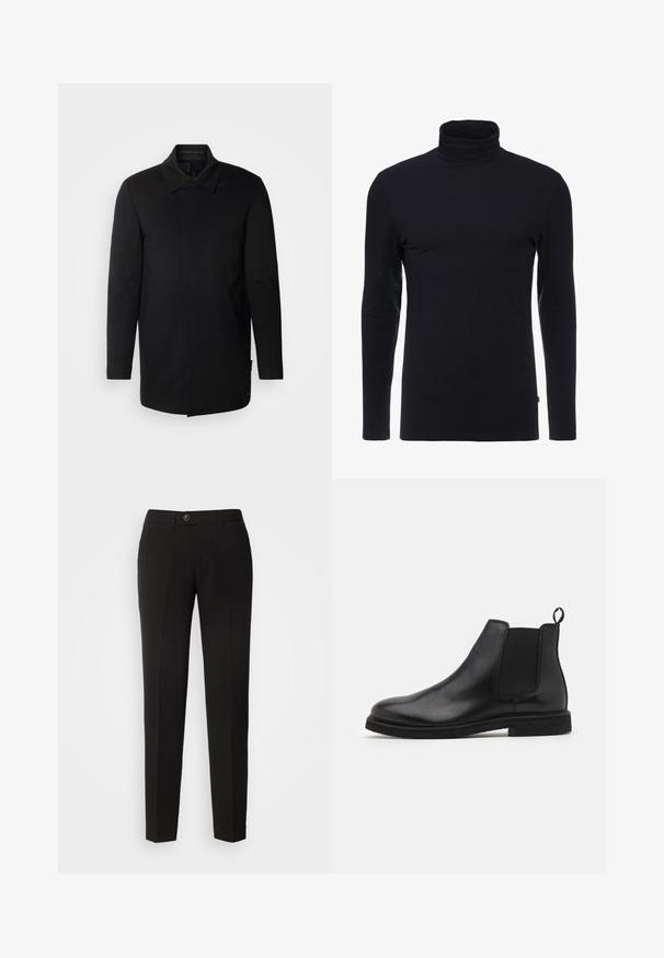 INDICODE JEANS Lühike jakk - black; Must have mustakate pikkade varrukatega turtleneck särk, mis on valmistatud pehmest ja venivast kangast. Omab pitsitud disaini ja sujuvat tekstuuri. Pole nähtavaid mustreid ega aktsente.; Mustad sirged püksid, mis on valmistatud siledast kangast, nuppude sulgemisega ja küljetaskutega klassikalises disainis.; Mustad mustad Chelsea saapad elastsete külgpanelidega ja tõmbenööridega. Ümar varvas ja lame kummitald, millel on sile viimistlus.