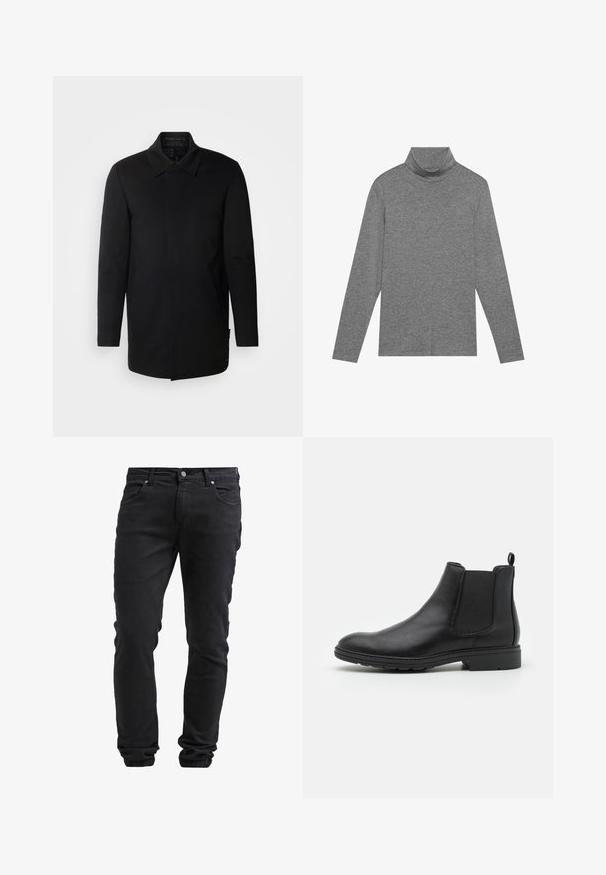INDICODE JEANS Krátky kabát - black; Šedý rolák s dlhým rukávom vyrobený z mäkkej tkaniny. Má vysoký golier a zúžené rukávy, s hladkou textúrou a jednoduchým dizajnom.; Čierne slim-fit džínsy s gombíkovým a zipsovým zapínaním, piatimi vreckami a elastickými manžetami na členkoch.; Čierne kožené Chelsea čižmy s elastickými bočnými panelmi a pútkom, s okrouhlym špičkou a texturovanou gumenou podrážkou.