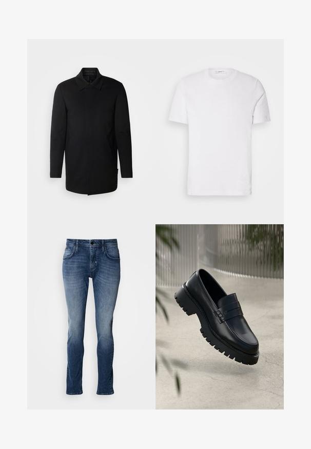 INDICODE JEANS Lühike jakk - black; Valge puuvillane T-särk ümarate kaelustega ja lühikeste varrukatega. Esipinnal on peene brändi logo, sile tekstuur ja klassikaline lõike.; Sinine denimist teksapüksid pleekinud viimistlusega, viie tasku kujundusega, sirge jala lõike ja topeltõmbluse detailidega. Lihtne nööbi ja tõmbluku sulgemine.; Mustad nahkseid loafereid paksu tallaga, kaunistatud rihma ja õmbluse detailidega. Siledat tekstuuri kaunistab läikiv viimistlus.