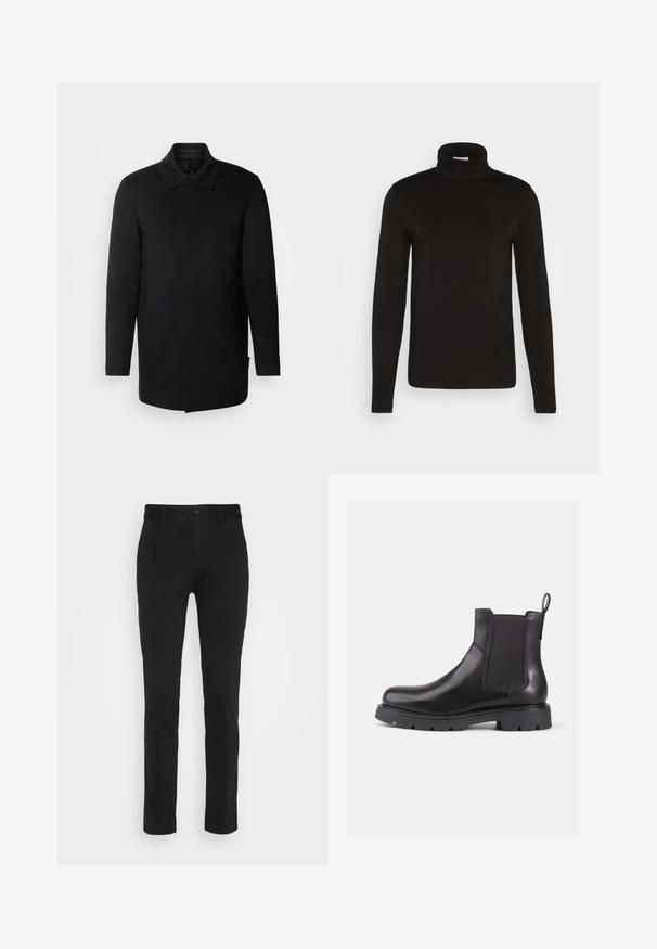 INDICODE JEANS Lühike jakk - black; Musta kõrge kaelusega pikakäiste särk, mis on valmistatud sileda kangaga ja millel on keha lähedane lõige. Mustri või aktsentide puudumine.; Mustad mustadest puuvillast chinos, kitsas lõige, tavaliselt vöökoht, esiosad ja üks taga tasku. Sile tekstuur ja minimaalne detailide hulk.; Mustadest nahast Chelsea saapad elastsete külgpaneelidega, ümmargune nina ja tekstureeritud kummitald. Omab tagumist tõmmetõmblust mugavaks selga panemiseks.