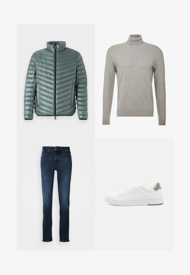 TOM TAILOR LIGHTWEIGHT JACKET - Overgangsjakke - washed jasper green; Grå pullovertrøje med høj hals og lange ærmer. Fremstillet af et glat, blødt materiale med et tætsiddende design og ribbede detaljer ved kanten.; Mørkeblå denim jeans med lige ben-design, fem-lomme stil, frontknaplukning og subtilt slid på lårene.; Hvid sneaker lavet af glat læder, rund tå, minimalistisk design, grå hælafsats og tekstureret gummisål.