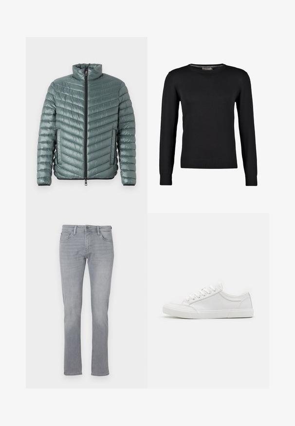 TOM TAILOR LIGHTWEIGHT JACKET - Overgangsjakke - washed jasper green; Sort strikket sweater med lange ærmer, rund halsudskæring samt ribbede manchetter og bund. Glat tekstur og tætsiddende design.; Grå denim jeans med lige ben, der har en frontknap og lynlås lukning, fem lommer og subtil falming over det hele.; Hvide sneakers med en glat læderoverdel, rund tå, flad gummisål og seks øjestik til snørebånd. Subtile syninger og minimalistisk design.