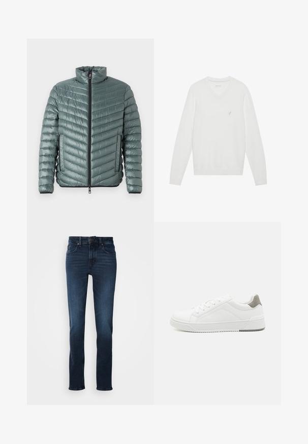 TOM TAILOR LIGHTWEIGHT JACKET - Ľahká bunda - washed jasper green; Biely sveter s výstrihom do V vyrobený z jemnej látky, s dlhými rukávmi a malým vyšitým logom na ľavej hrudi. Hladká textúra, klasický dizajn.; Tmavomodré džínsy s rovnými nohavicami, päť vrecový štýl, predné zapínanie na gombík a jemné vyblednutie na stehnách.; Biele tenisky z hladkej koženej tkaniny, zaoblenou špičkou, minimalistickým dizajnom, sivým akcentom na päte a textúrovanou gumovou podrážkou.