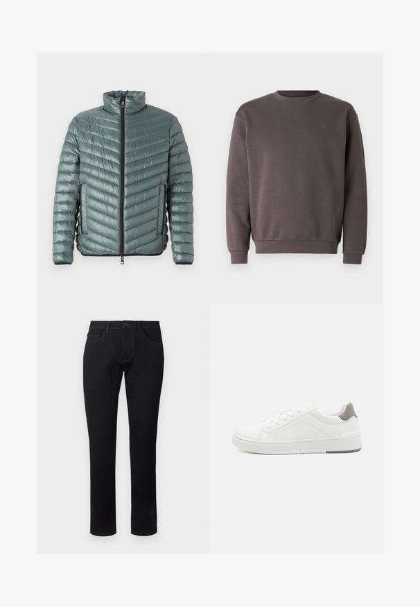 TOM TAILOR LIGHTWEIGHT JACKET - Ελαφρύ μπουφάν - washed jasper green; Γκρι φούτερ από βαμβάκι με στρογγυλή λαιμόκοψη, ribbed μανσέτες και στρίφωμα. Διαθέτει ένα μικρό, τονικό λογότυπο στο στήθος. Μαλακή υφή.; TOM TAILOR TTJOSH REGULAR SLIM FIT - Jeans Tapered Fit - black denim; Λευκά αθλητικά παπούτσια από λεία δέρμα, με στρογγυλή μύτη, μινιμαλιστικό σχέδιο, γκρι λεπτομέρεια στη φτέρνα και υφασμάτινη αντιολισθητική σόλα.