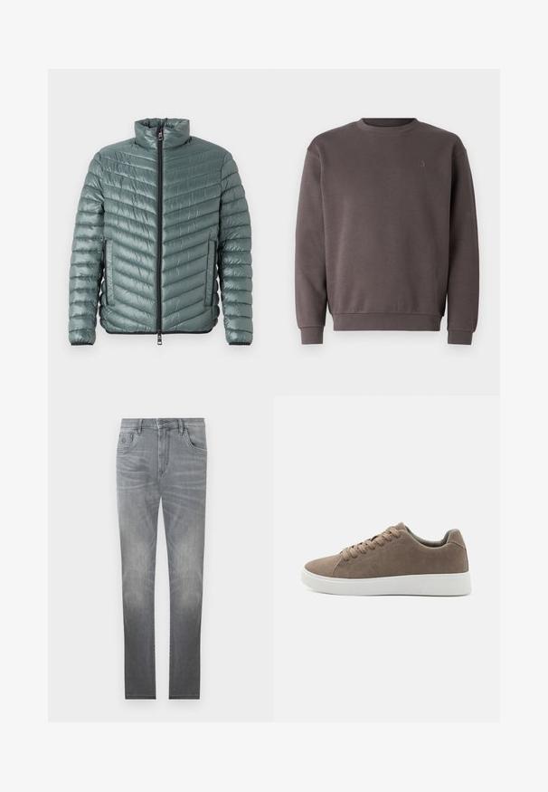 TOM TAILOR LIGHTWEIGHT JACKET - Übergangsjacke - washed jasper green; Grauer Baumwoll-Sweatshirt mit rundem Ausschnitt, gerippten Bündchen und Saum. Mit kleinem, tonal gehaltenem Logo auf der Brust. Weicher Stoff.; Graue Jeans aus Denim mit einem ausgebleichten Design, fünf Taschen, Knopfverschluss und geradem Schnitt. Sanfte Textur mit leichtem Verschleiß an den Kanten.; Braune Wildledersneaker mit flachen weißen Gummisohlen, Schnürdesign, abgerundete Zehen und einer glatten Textur. Minimalistischer Stil mit dezenten Nähdetails.
