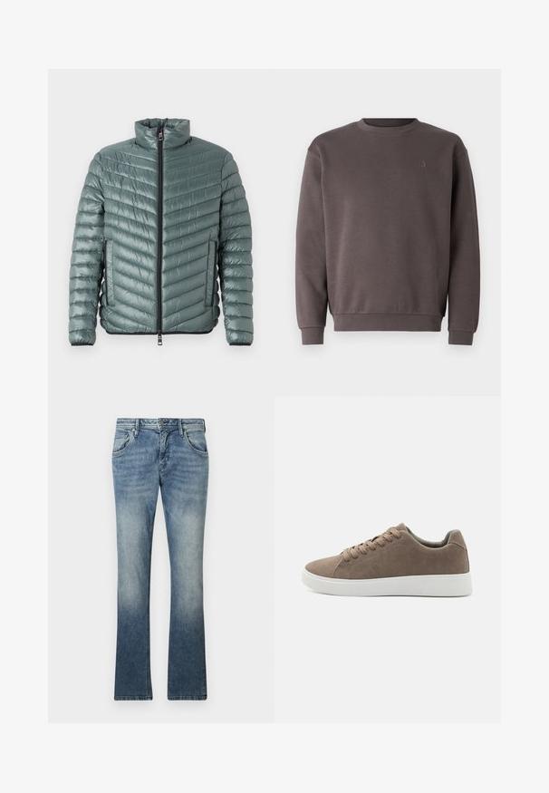 TOM TAILOR LIGHTWEIGHT JACKET - Ľahká bunda - washed jasper green; Sivý bavlnený sveter s okrúhlym výstrihom, rebrovanými manžetami a lemom. Obsahuje malé, tónované logo na hrudi. Mäkká textúra.; Svetlomodré denimové zvonové džínsy s gradientovým praním, dizajn s piatimi vreckami, kovové zapínanie na gombík a viditeľné švy pozdĺž švov.; Hnedé semišové tenisky s plochými bielymi gumovými podrážkami, dizajn so šnurovaním, zaoblená špička a hladká textúra. Minimalistický štýl s jemnými švovými detailmi.
