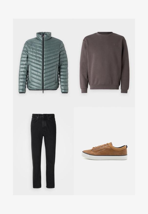 TOM TAILOR LIGHTWEIGHT JACKET - Ελαφρύ μπουφάν - washed jasper green; Γκρι φούτερ από βαμβάκι με στρογγυλή λαιμόκοψη, ribbed μανσέτες και στρίφωμα. Διαθέτει ένα μικρό, τονικό λογότυπο στο στήθος. Μαλακή υφή.; Μαύρο τζιν παντελόνι με σχέδιο ίσιας γραμμής, που διαθέτει κλείσιμο με κουμπί και φερμουάρ, μπροστινές τσέπες και λεπτή υφή.; Καφέ δερμάτινα sneakers με στρογγυλή μύτη, λευκή σόλα και ναυτικές λεπτομέρειες. Διαθέτουν μεταλλικά γαζί και υφή στην κολάρα.