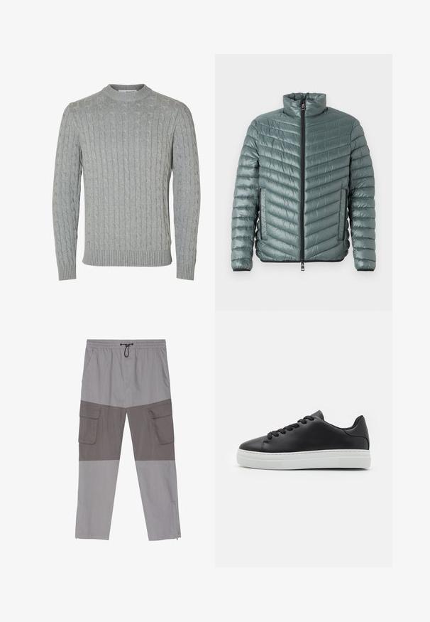 TOM TAILOR LIGHTWEIGHT JACKET - Veste mi-saison - washed jasper green; Pull en tricot gris clair avec un motif torsadé, col rond et poignets et ourlet côtelés. Confectionné en tissu doux et texturé.; Pantalons cargo gris avec un design bicolore, une partie supérieure plus claire et une partie inférieure plus sombre, ceinture élastique, poches avant et poches cargo sur le côté.; Sneaker en cuir noir avec bout rond, semelle en caoutchouc blanc et lacets noirs. Présente une finition lisse et un design minimaliste.