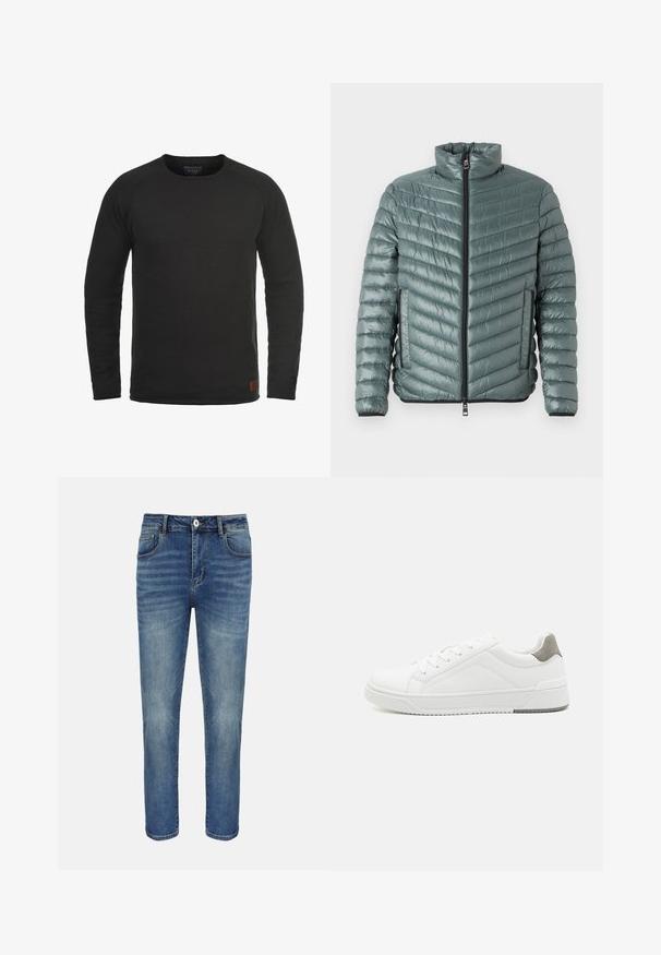 TOM TAILOR LIGHTWEIGHT JACKET - Ľahká bunda - washed jasper green; Čierna dlhá mikina s okrúhlym výstrihom vyrobená z textúrovanej látky s malou hnedou značkovou nášivkou na dolnom pravom boku.; Modré rifle s rovnými nohavicami s predným gombíkom a zipsom, pútkami na opasok a prednými a zadnými vreckami.; Biele tenisky z hladkej koženej tkaniny, zaoblenou špičkou, minimalistickým dizajnom, sivým akcentom na päte a textúrovanou gumovou podrážkou.