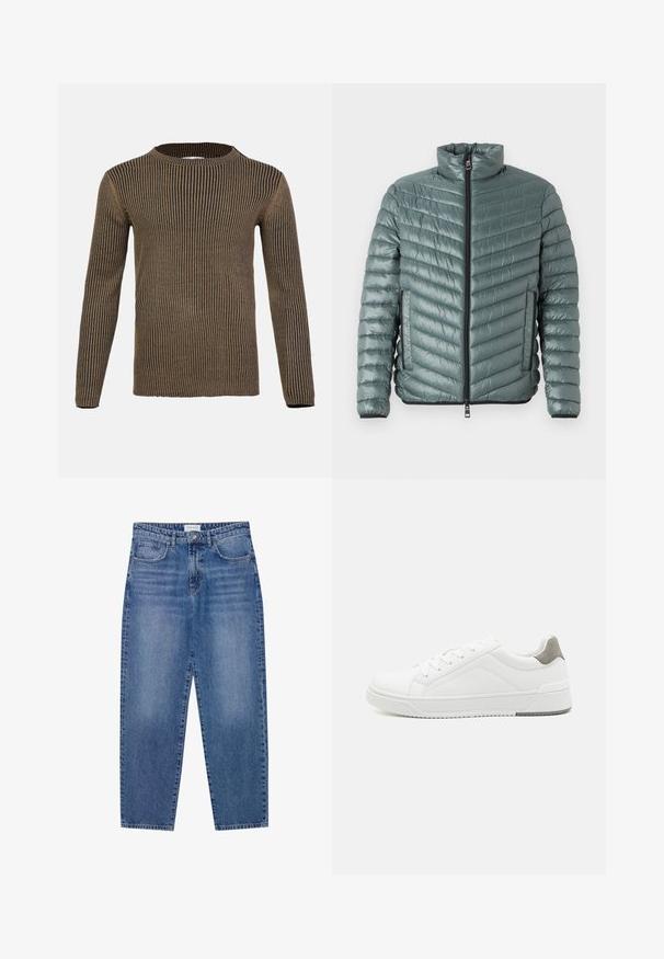 TOM TAILOR LIGHTWEIGHT JACKET - Ελαφρύ μπουφάν - washed jasper green; Καφέ και μαύρη ριγέ μακρυμάνικη μπλούζα με στρογγυλή λαιμόκοψη, ραμμένη υφή και ίσιο τελείωμα. Φτιαγμένη από μαλακό, πλεκτό ύφασμα.; Μπλε τζιν παντελόνι με ψηλή μέση, ίσια γραμμή και ξεθωριασμένο φινίρισμα. Διαθέτει πέντε τσέπες και κλείσιμο με κουμπί.; Λευκά αθλητικά παπούτσια από λεία δέρμα, με στρογγυλή μύτη, μινιμαλιστικό σχέδιο, γκρι λεπτομέρεια στη φτέρνα και υφασμάτινη αντιολισθητική σόλα.