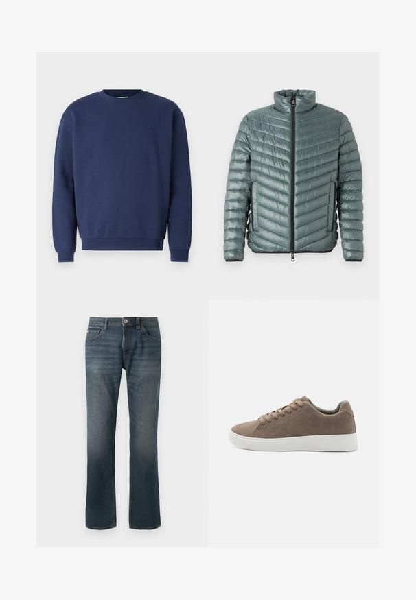 TOM TAILOR LIGHTWEIGHT JACKET - Ľahká bunda - washed jasper green; Tmavomodrá mikina vyrobená z mäkkej látky, s okrúhlym výstrihom a žebrovanými manžetami. Obsahuje jemné logo na hrudi.; Tmavomodré džínsy s rovnými nohavicami. Medzi vlastnosti patrí päť vreciek, kontrastné švy a zapínanie na gombík a zips vpredu.; Hnedé semišové tenisky s plochými bielymi gumovými podrážkami, dizajn so šnurovaním, zaoblená špička a hladká textúra. Minimalistický štýl s jemnými švovými detailmi.