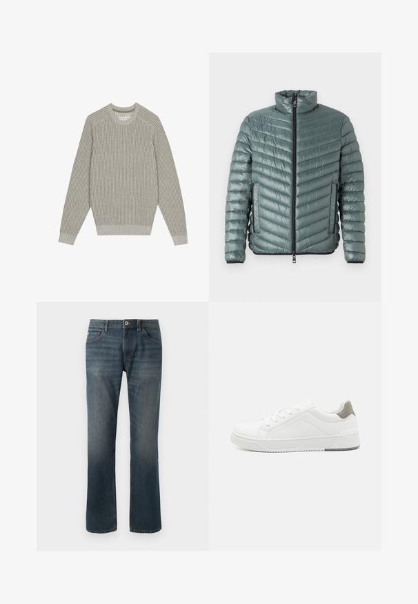 TOM TAILOR LIGHTWEIGHT JACKET - Overgangsjakke - washed jasper green; Lysegrå strikketrøje med ribbet tekstur, rund hals og lange ærmer. Simpelt design, elastiske kantafslutninger, minimal detaljer.; Mørkeblå denimjeans med lige ben-design. Funktioner inkluderer fem lommer, kontraststing og en frontlukning med knap og lynlås.; Hvid sneaker lavet af glat læder, rund tå, minimalistisk design, grå hælafsats og tekstureret gummisål.