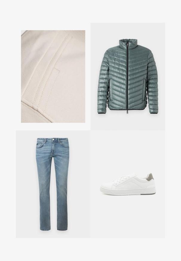TOM TAILOR LIGHTWEIGHT JACKET - Ľahká bunda - washed jasper green; Béžová bavlnená látka s viditeľným šitím a plochou, hladkou textúrou. Zdobí ju jemný detail vrecka pozdĺž švu.; Svetlomodré džínsy so strihom rovného nohavice, vyrobené z denimu. Vlastnosti zahŕňajú štandardné vrecká, pútka na opasok a jemné vyblednutie.; Biele tenisky z hladkej koženej tkaniny, zaoblenou špičkou, minimalistickým dizajnom, sivým akcentom na päte a textúrovanou gumovou podrážkou.