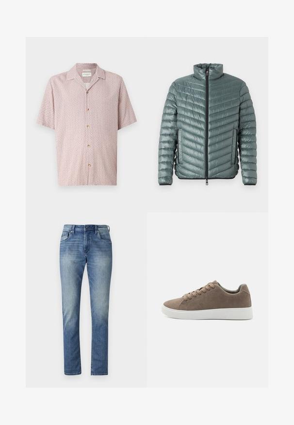TOM TAILOR LIGHTWEIGHT JACKET - Ľahká bunda - washed jasper green; Krátky rukáv košele v svetloružovej farbe s geometrickým kvetinovým vzorom. Obsahuje zapínanie na gombíky a klasický golier. Vyrobená z mäkkého materiálu.; Svetlomodré denimové nohavice s rovný strihom, piatimi vreckami a vyblednutým umývaním. Obsahujú zapínanie na gombík a pútka na opasok.; Hnedé semišové tenisky s plochými bielymi gumovými podrážkami, dizajn so šnurovaním, zaoblená špička a hladká textúra. Minimalistický štýl s jemnými švovými detailmi.