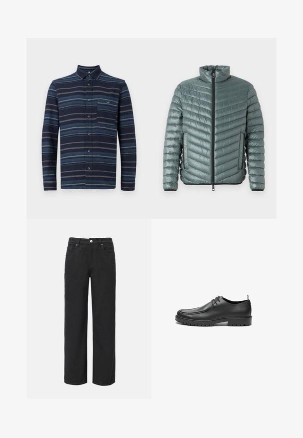 TOM TAILOR LIGHTWEIGHT JACKET - Übergangsjacke - washed jasper green; Langärmliges Hemd mit Knopfleiste in Navy mit unterschiedlichen blauen horizontalen Streifen, einem Kragen und einer Brusttasche. Weicher Stoff.; Schwarze weit geschnittene Baumwollhosen mit vier Taschen, Frontknopfverschluss und klassischem Jeansdesign. Glatte Textur, ohne sichtbare Muster.; Schwarze Lederschuhe mit glatter Oberfläche, runder Zehenform und dekorativer Naht. Mit einer Gummisohle mit Traktionsrillen und Schnürdesign.