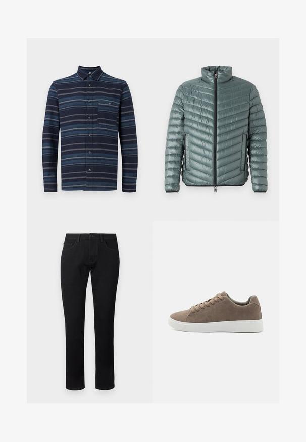 TOM TAILOR LIGHTWEIGHT JACKET - Ελαφρύ μπουφάν - washed jasper green; Πουκάμισο με μακριά μανίκια και κουμπιά, σε ναυτικό φόντο με ποικιλία μπλε οριζόντιων ρίγες, κολάρο και τσέπη στο στήθος. Μαλακή υφή υφάσματος.; TOM TAILOR TTJOSH REGULAR SLIM FIT - Jeans Tapered Fit - black denim; Καφέ σουέτ αθλητικά παπούτσια με επίπεδες λευκές καουτσούκ σόλες, σχέδιο με κορδόνια, στρογγυλή μύτη και λεία υφή. Μινιμαλιστικό στυλ με διακριτές ραφές.