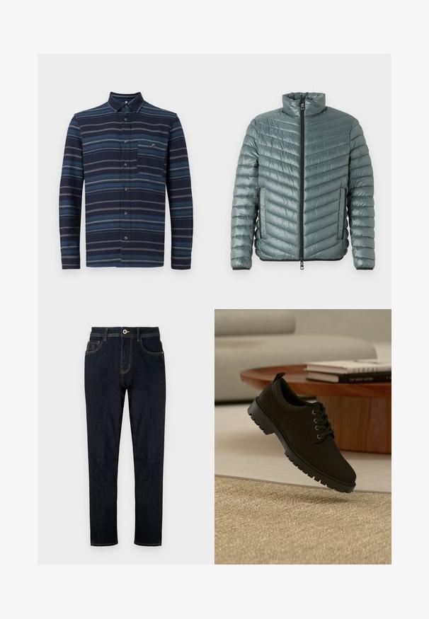 TOM TAILOR LIGHTWEIGHT JACKET - Übergangsjacke - washed jasper green; Langärmliges Hemd mit Knopfleiste in Navy mit unterschiedlichen blauen horizontalen Streifen, einem Kragen und einer Brusttasche. Weicher Stoff.; TOM TAILOR TTJOSH REGULAR SLIM FIT - Jeans Straight Leg - rinsed blue denim; Schwarzer Leder-Schnürschuh mit klobiger Sohle, der über einem beigen Teppich in einem minimalistischen Wohnzimmer schwebt