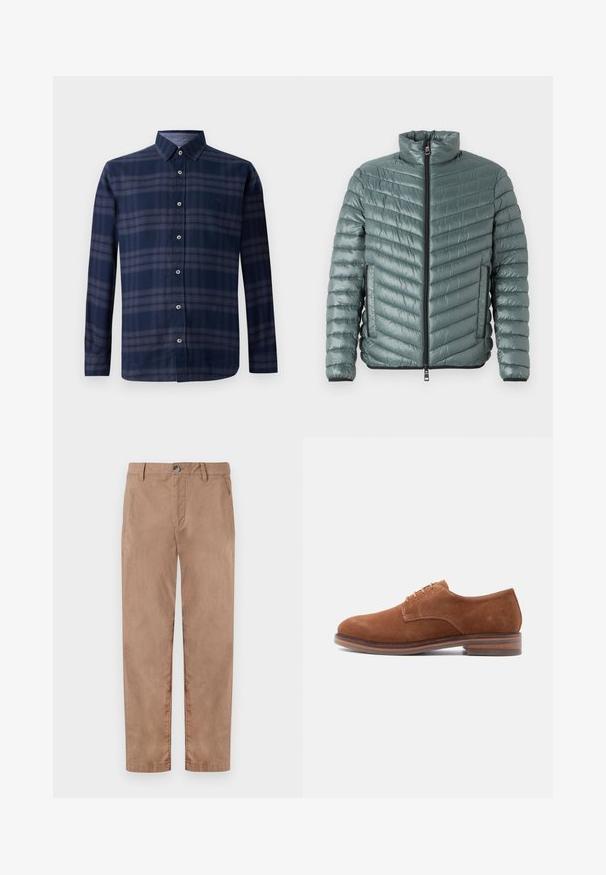 TOM TAILOR LIGHTWEIGHT JACKET - Overgangsjakke - washed jasper green; Langærmet skjorte i marineblå plaid med knappet front og spids krave, præsenteret mod en hvid baggrund.; TOM TAILOR REGULAR WASHED - Chino - caribou beige; Brun ruskind herresko med snørebånd, stakket træhæl og gummisål, vist i sideprofil på hvid baggrund.