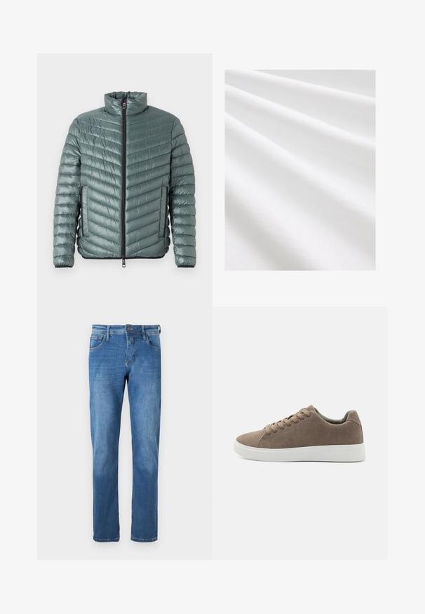 TOM TAILOR LIGHTWEIGHT JACKET - Ľahká bunda - washed jasper green; Bavlnená tkanina, bielej farby, hladký povrch s jemnými záhybmi a vráskami. Rovný povrch, mierne reflexný, bez vzorov alebo akcentov.; Džíny z denimu v stredne modrej farbe s rovný strihom. Obsahujú päť vreciek, zapínanie na gombík a viditeľné stehy pozdĺž švov.; Hnedé semišové tenisky s plochými bielymi gumovými podrážkami, dizajn so šnurovaním, zaoblená špička a hladká textúra. Minimalistický štýl s jemnými švovými detailmi.