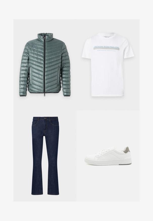 TOM TAILOR LIGHTWEIGHT JACKET - Jas - washed jasper green; Witte katoenen T-shirt met een ronde hals, korte mouwen en een blauw grafisch tekstontwerp met de tekst "DENIM TOM TAILOR opgericht 2007."; Donkerblauwe denim flared jeans met een middelhoge taille, vijf zakken en contrasterende stiksels. Gladde textuur met minimale slijtage.; Witte sneaker van glad leer met een ronde neus, minimalistisch ontwerp, grijze hielaccent en een geplaatste rubberen zool.