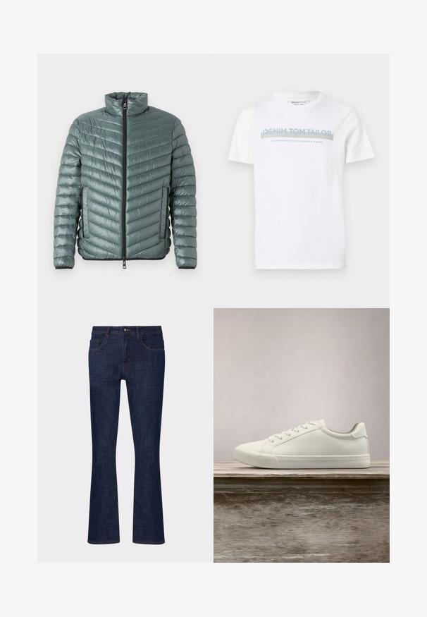 TOM TAILOR LIGHTWEIGHT JACKET - Overgangsjakke - washed jasper green; Hvid bomulds T-shirt med rund halsudskæring, korte ærmer og et blåt grafisk tekstdesign, der siger "DENIM TOM TAILOR etableret 2007."; Mørkeblå denim flare jeans med mellemhøj talje, fem lommer og kontrastsyninger. Glat tekstur med minimal slid.; Hvide snørresneakers svævende over en træbænk med grønne planter i baggrunden, der fremhæver skodesign og tekstur.
