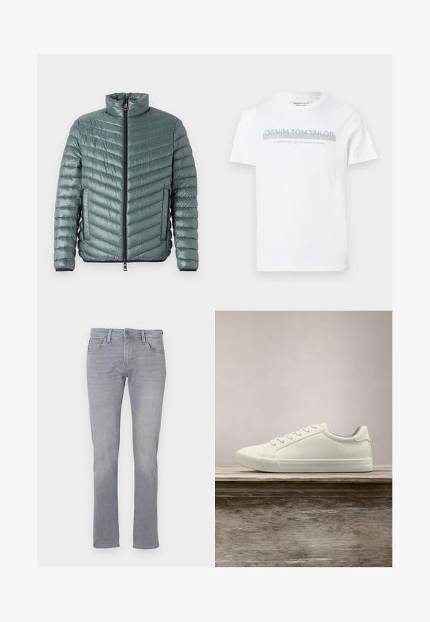 TOM TAILOR LIGHTWEIGHT JACKET - Übergangsjacke - washed jasper green; Weißes Baumwoll-T-Shirt mit Rundhalsausschnitt, kurzen Ärmeln und einem blauen Grafiktext-Design, das "DENIM TOM TAILOR gegründet 2007" lautet.; Graue Jeans aus Denim mit geradem Bein, ausgestattet mit einem Frontknopf und einem Reißverschluss, fünf Taschen und subtilen Verwaschungen.; Weiße Schnürsneaker, die über einer Holzbank mit grünem Laub im Hintergrund schweben und das Schuhdesign sowie die Textur zeigen.
