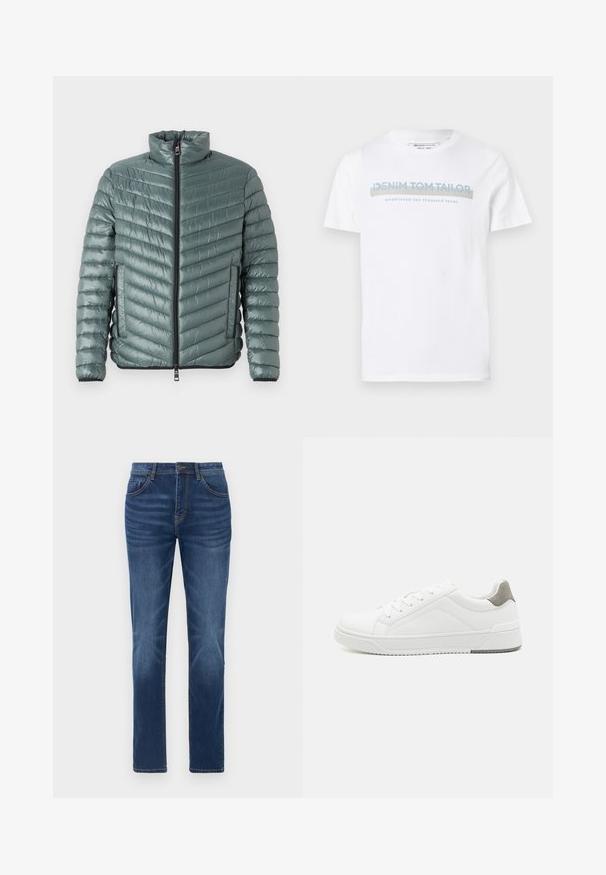 TOM TAILOR LIGHTWEIGHT JACKET - Übergangsjacke - washed jasper green; Weißes Baumwoll-T-Shirt mit Rundhalsausschnitt, kurzen Ärmeln und einem blauen Grafiktext-Design, das "DENIM TOM TAILOR gegründet 2007" lautet.; Dunkelblaue Denim-Jeans mit klassischem gerade geschnittenem Schnitt, Fünf-Taschen-Design und leichtem Verblassen an den Beinen. Mit Knopf- und Reißverschluss.; Weißer Sneaker aus glattem Leder, runde Zehenpartie, minimalistisches Design, graue Fersenkante und strukturierte Gummisohle.