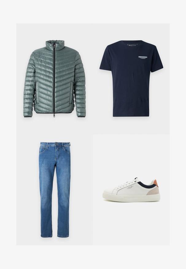 TOM TAILOR LIGHTWEIGHT JACKET - Jas - washed jasper green; Navyblauwe katoenen T-shirt met een ronde hals, korte mouwen en een klein geborduurd logo op de borst. Klassieke pasvorm en een zijdezachte textuur.; Denim jeans in medium blue met een rechte snit. Voorzien van vijf zakken, een knoopsluiting en zichtbare stikseldetails langs de naden.; Witte leren sneakers met een laag ontwerp, marineblauwe stoffen accenten op de kraag en een lichtroze suède hieltab. Rubberen zool.