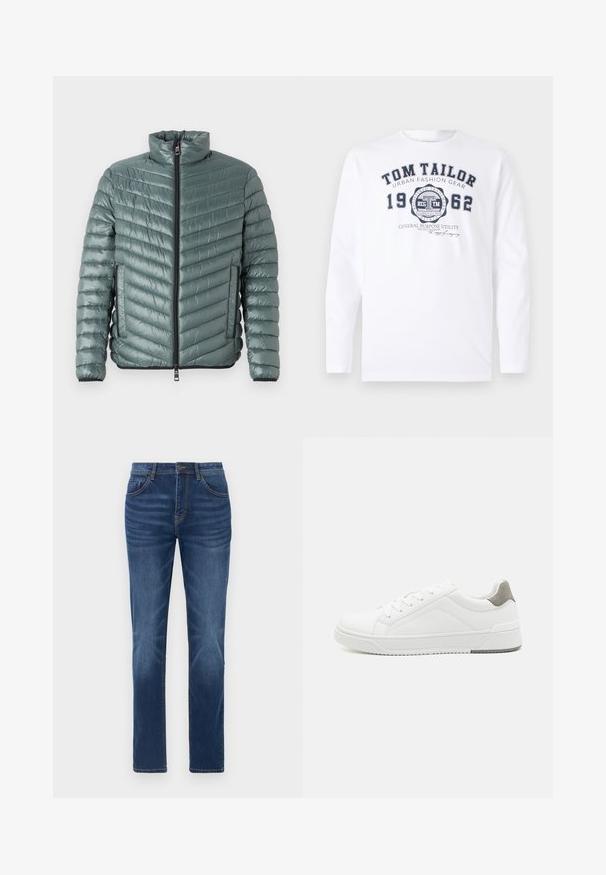 TOM TAILOR LIGHTWEIGHT JACKET - Jas - washed jasper green; TOM TAILOR Longsleeve - white; Donkerblauwe denim jeans met een klassieke rechte pasvorm, vijfzakkenontwerp en lichte vervaging details op de benen. Voorzien van een knoop- en ritssluiting.; Witte sneaker van glad leer met een ronde neus, minimalistisch ontwerp, grijze hielaccent en een geplaatste rubberen zool.