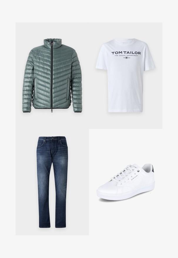 TOM TAILOR LIGHTWEIGHT JACKET - Veste mi-saison - washed jasper green; T-shirt en coton blanc avec un col rond, des manches courtes et un texte en marine indiquant "TOM TAILOR LE SERVICE DÉCONTRACTÉ 1962."; Jean en denim bleu foncé avec une coupe droite, présentant un effet délavé, cinq poches et des coutures visibles le long des coutures.; Baskets blanches, en matériau synthétique lisse, design bas, bout rond, six œillets, détail de logo sur le côté, accent de talon sombre contrastant.