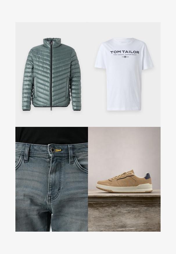 TOM TAILOR LIGHTWEIGHT JACKET - Overgangsjakke - washed jasper green; Hvid bomulds t-shirt med rund hals, korte ærmer og navy tekst, der læser "TOM TAILOR THE CASUAL DEPARTMENT 1962."; Falmede blå denimjeans med knappelukning, gul akcent ved taljen og klassisk fem-lomme design. Teksturen ser blød og brugt ud.; Beige ruskinds sneakers med hvid gummisål, featuring beige snørebånd, navy-blue accenter og perforerede detaljer på tåboksen.