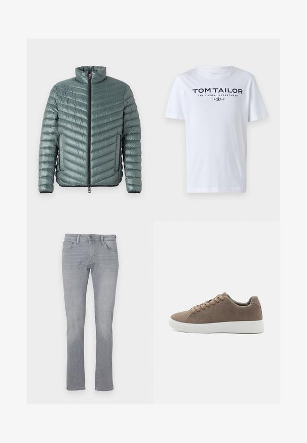 TOM TAILOR LIGHTWEIGHT JACKET - Übergangsjacke - washed jasper green; Weißes Baumwoll-T-Shirt mit Rundhalsausschnitt, kurzen Ärmeln und navyfarbener Schrift, die "TOM TAILOR THE CASUAL DEPARTMENT 1962" lautet.; Graue Jeans aus Denim mit geradem Bein, ausgestattet mit einem Frontknopf und einem Reißverschluss, fünf Taschen und subtilen Verwaschungen.; Braune Wildledersneaker mit flachen weißen Gummisohlen, Schnürdesign, abgerundete Zehen und einer glatten Textur. Minimalistischer Stil mit dezenten Nähdetails.