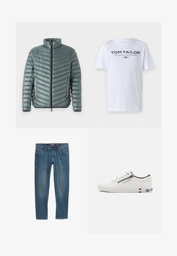 TOM TAILOR LIGHTWEIGHT JACKET - Übergangsjacke - washed jasper green; Weißes Baumwoll-T-Shirt mit Rundhalsausschnitt, kurzen Ärmeln und navyfarbener Schrift, die "TOM TAILOR THE CASUAL DEPARTMENT 1962" lautet.; Blaue Jeans aus Denim mit schmalem Schnitt, Fünf-Taschen-Design und einem roten Innenbund. Mit einem Logo-Patch auf der Gesäßtasche.; Weißer Sneaker mit einem Obermaterial aus Leder, runder Zehenform und kontrastierenden navy Akzenten an der Kragenpartie. Verfügt über einen Reißverschluss und Logo-Details an den Seiten.