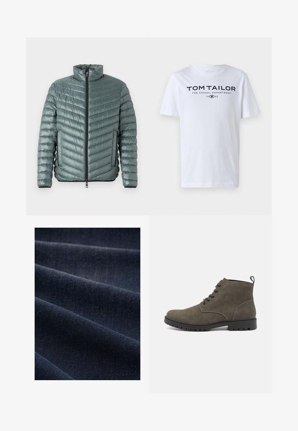 TOM TAILOR LIGHTWEIGHT JACKET - Übergangsjacke - washed jasper green; Weißes Baumwoll-T-Shirt mit Rundhalsausschnitt, kurzen Ärmeln und navyfarbener Schrift, die "TOM TAILOR THE CASUAL DEPARTMENT 1962" lautet.; Dunkelblaue Denim-Stoff mit geripptem Muster, das Falten und Wellen zeigt und somit sein Gewicht und seine Strapazierfähigkeit betont.; Olivgrüne Wildleder-Stiefeletten mit einer schwarzen Gummisohle, sechsfache Schnürung und einer Zuglasche an der Ferse für ein einfaches An- und Ausziehen.
