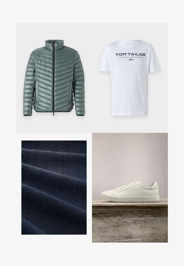 TOM TAILOR LIGHTWEIGHT JACKET - Jas - washed jasper green; Witte katoenen t-shirt met een ronde hals, korte mouwen en marineblauwe tekst "TOM TAILOR THE CASUAL DEPARTMENT 1962."; Donkerblauwe denimstof met een geribbelde textuur, zichtbaar met plooien en golven, die het gewicht en de duurzaamheid benadrukt.; Witte vetersneaker die boven een houten bank zweeft met groene bladeren op de achtergrond, waarbij het ontwerp en de textuur van de schoen worden getoond.