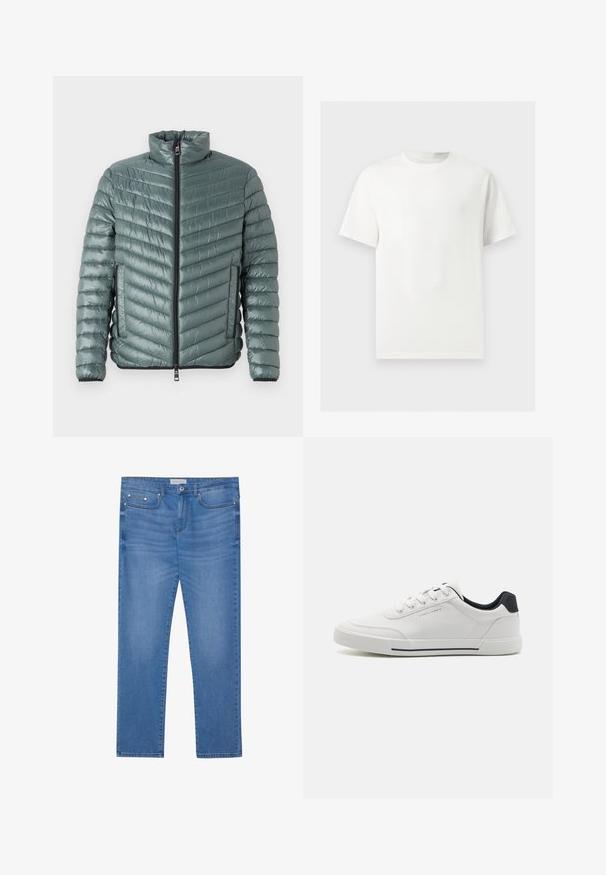 TOM TAILOR LIGHTWEIGHT JACKET - Jas - washed jasper green; Effen wit T-shirt met korte mouwen en ronde hals, weergegeven op een lichtgrijze achtergrond.; Lichtblauwe spijkerbroek met een rechte pijp, vijf zakken, subtiele vervaging en metalen accenten op de taille en zakken.; Witte sneakers met een glad synthetisch bovenwerk, ronde neus, vetersluiting, marineblauwe accenten op de hiel en een gestructureerde rubberen zool met een zwarte streep.