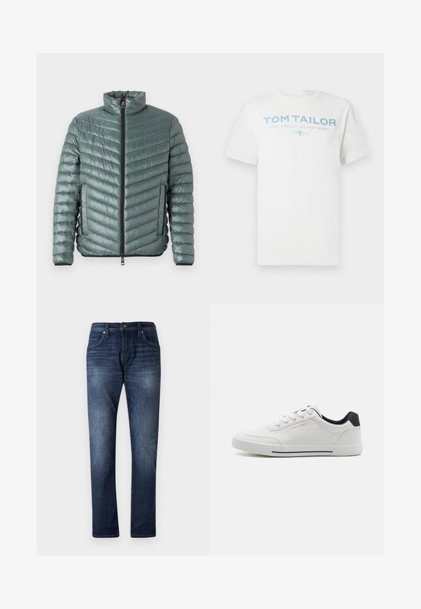 TOM TAILOR LIGHTWEIGHT JACKET - Overgangsjakke - washed jasper green; Hvid bomulds-T-shirt med et lyseblåt print med teksten "TOM TAILOR," "THE CASUAL DEPARTMENT" og "1962." Klassisk rund halsudskæring og korte ærmer.; Mørkeblå denimjeans med lige ben design, der har en falmet vask, fem lommer og synlige stikninger langs sømmene.; Hvide sneakers med en glat syntetisk overdel, rund tå, snørebåndsdesign, marineblå accent på hælen og en tekstureret gummisål med en sort stribe.