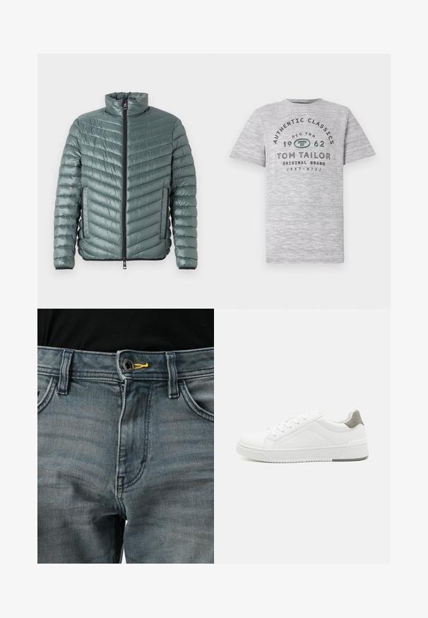 TOM TAILOR LIGHTWEIGHT JACKET - Übergangsjacke - washed jasper green; Graues Heather-Kurzarmshirt mit dem Aufdruck "Authentic Classics 1962" und "Tom Tailor" in kontrastierenden dunkelgrünen und schwarzen Buchstaben.; Verblasste blaue Jeans aus Denim mit einem Knopfverschluss, gelben Akzenten am Bund und klassischem Fünf-Taschen-Design. Die Textur wirkt weich und abgenutzt.; Weißer Sneaker aus glattem Leder, runde Zehenpartie, minimalistisches Design, graue Fersenkante und strukturierte Gummisohle.