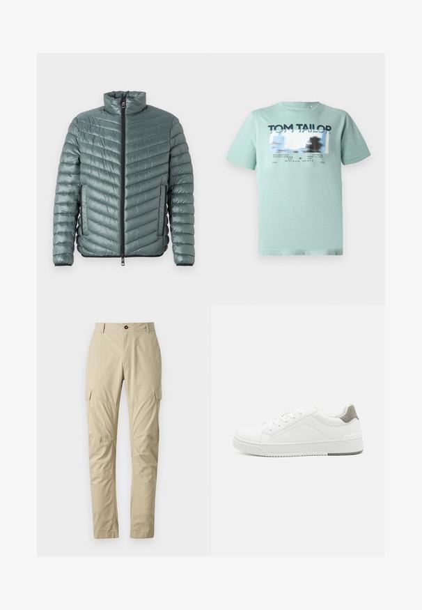 TOM TAILOR LIGHTWEIGHT JACKET - Veste mi-saison - washed jasper green; TOM TAILOR T-shirt imprimé - dust green; Pantalons cargo beiges en tissu léger, dotés de plusieurs poches, d'une fermeture à bouton et d'un design de jambe fuselée. Texture lisse.; Basket blanche en cuir lisse, à bout arrondi, design minimaliste, accent de talon gris et semelle en caoutchouc texturé.