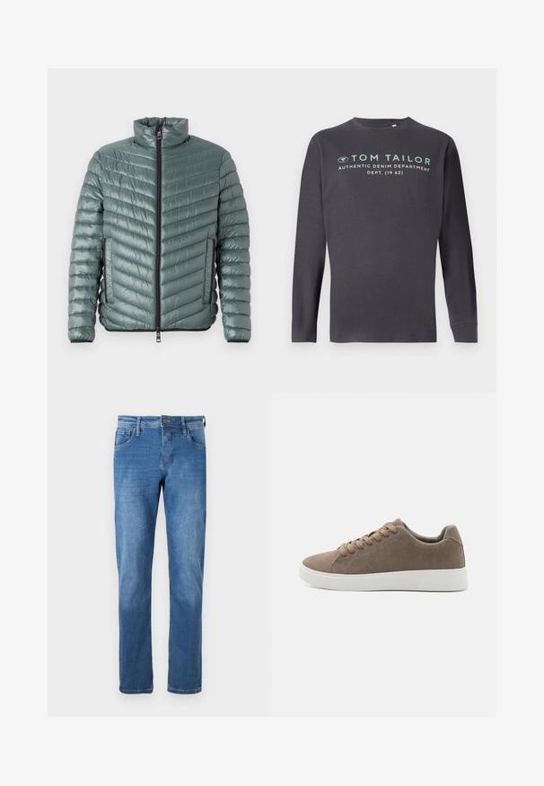 TOM TAILOR LIGHTWEIGHT JACKET - Välikausitakki - washed jasper green; TOM TAILOR PRINTED - Pitkähihainen paita - tarmac grey; Farkut keskipitkässä sinisessä värissä suoralinjaisella leikkauksella. Varustettu viidellä taskulla, napilliseen sulkemiseen ja näkyviin ompeluyksityiskohtiin saumoissa.; Ruske suède patike s ravnim belim gumenim đonovima, kravata dizajn, zaobljen nos i glatka tekstura. Minimalistički stil sa suptilnim detaljima šivanja.