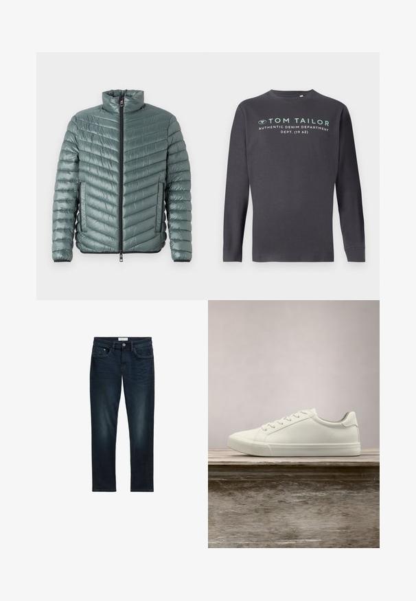 TOM TAILOR LIGHTWEIGHT JACKET - Jas - washed jasper green; TOM TAILOR PRINTED - Longsleeve - tarmac grey; Donkerblauwe spijkerbroek met een slim fit, met vijf zakken, een knoopsluiting en subtiele vervaging aan de voorkant voor textuur.; Witte vetersneaker die boven een houten bank zweeft met groene bladeren op de achtergrond, waarbij het ontwerp en de textuur van de schoen worden getoond.
